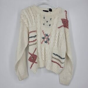 Hunters Run Hand Knit Sweater Small Cream Pink Blue Cottagecore Vintage Grandma